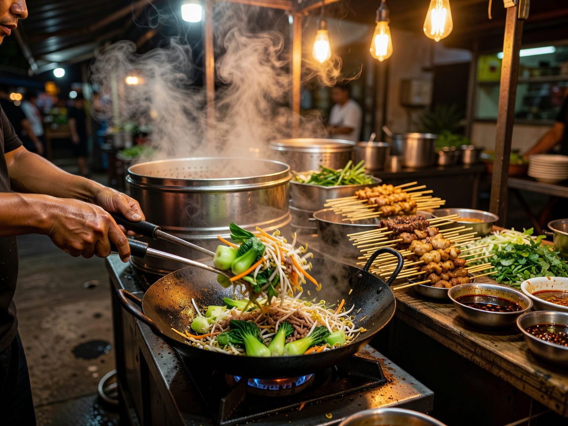 Delicious Asian street food noodles being prepped at a night market stall