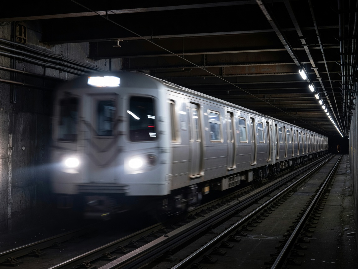 Subway train arriving at a bustling Asian city station