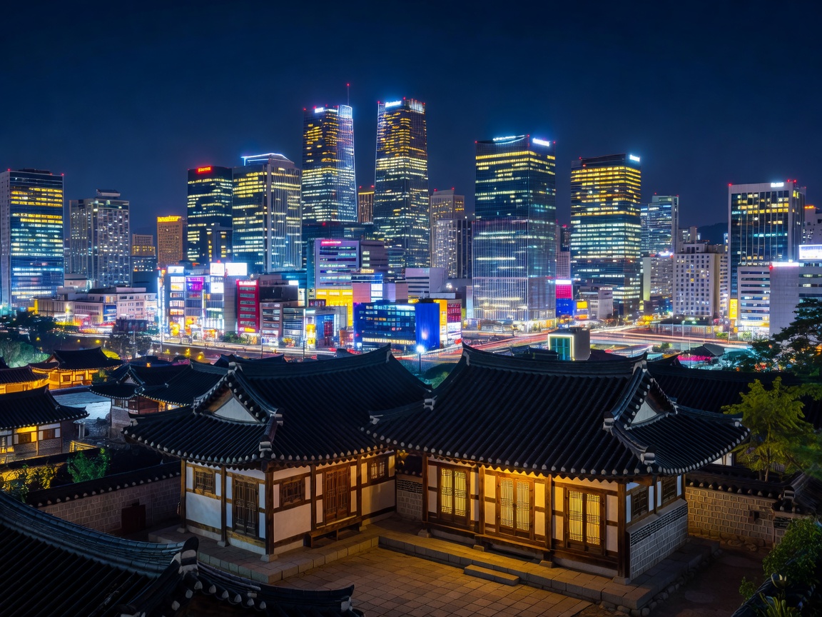 Seoul South Korea night cityscape and traditional architecture