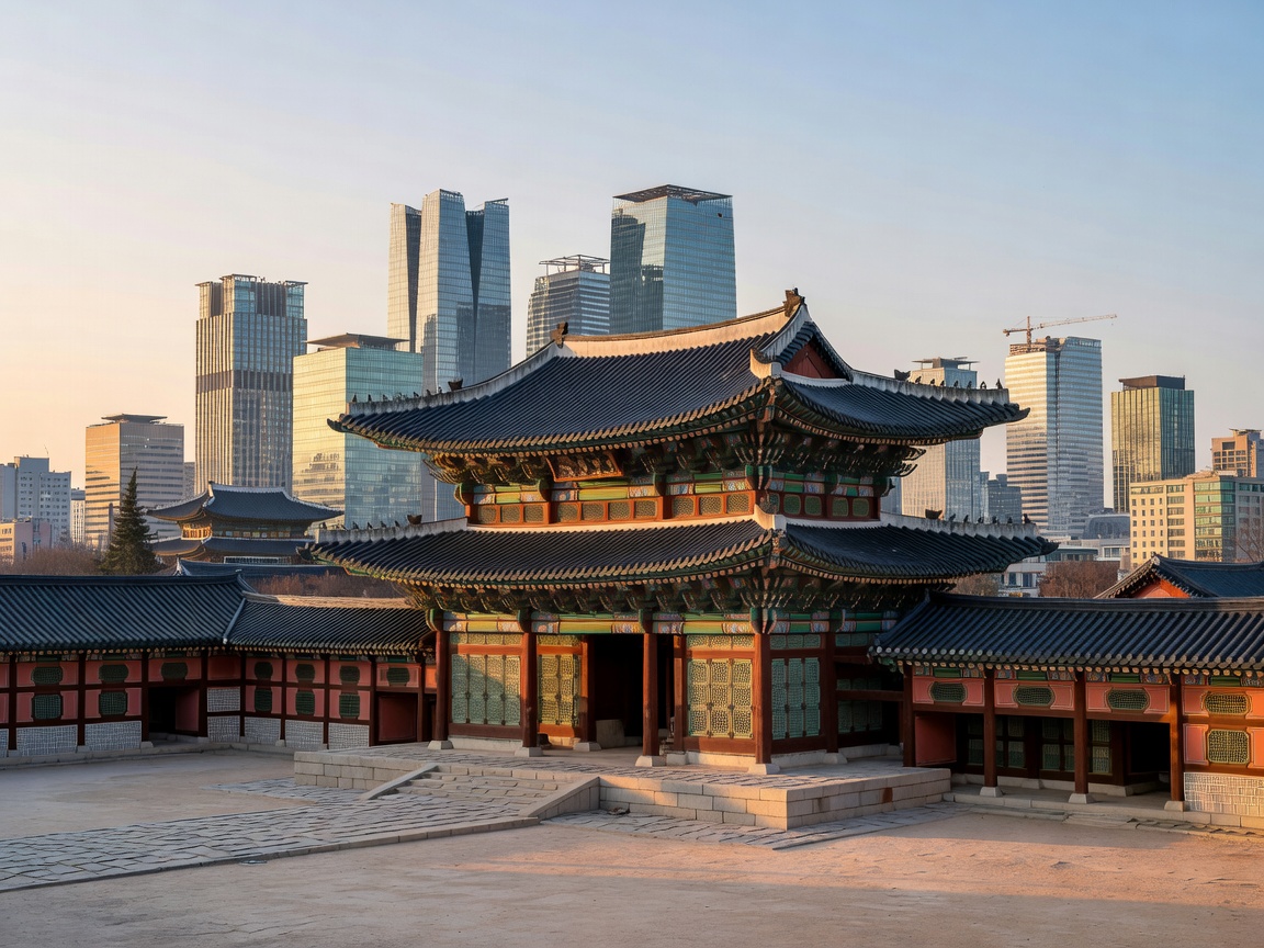 Seoul traditional palace backdrop with modern city