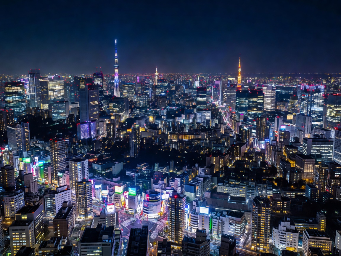 Tokyo Japan skyline at night with neon lights